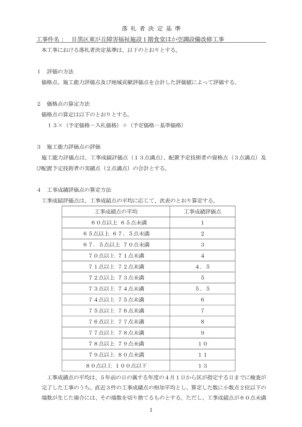 落札者決定基準：目黒区東が丘障害福祉施設1階食堂ほか空調設備改修工事.pdf 1ページ目のプレビュー