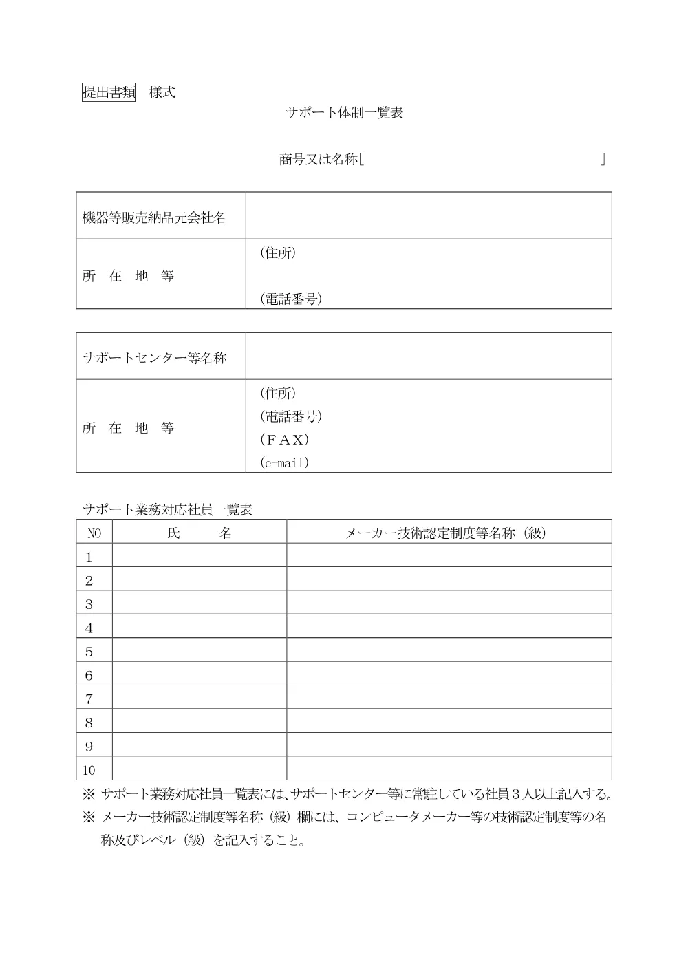サポート体制一覧表（PDF：72KB）、.pdf 1ページ目のプレビュー