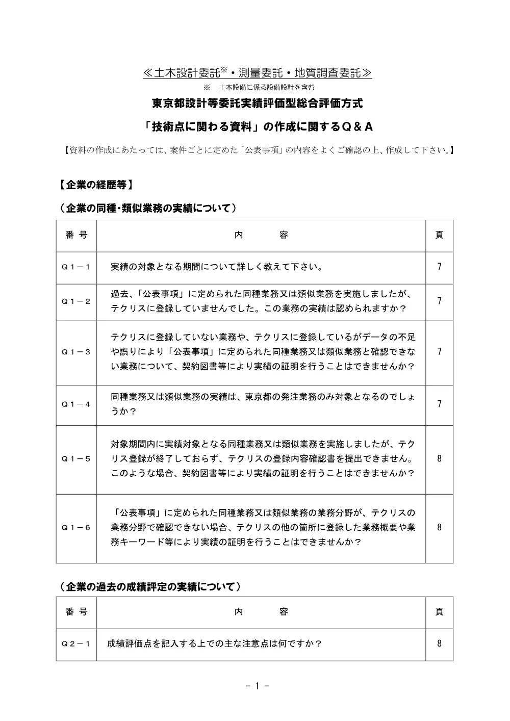 7設計等委託実績評価型総合評価方式_Ｑ＆Ａ（土木設計・測量・地質調査）.pdf 1ページ目のプレビュー