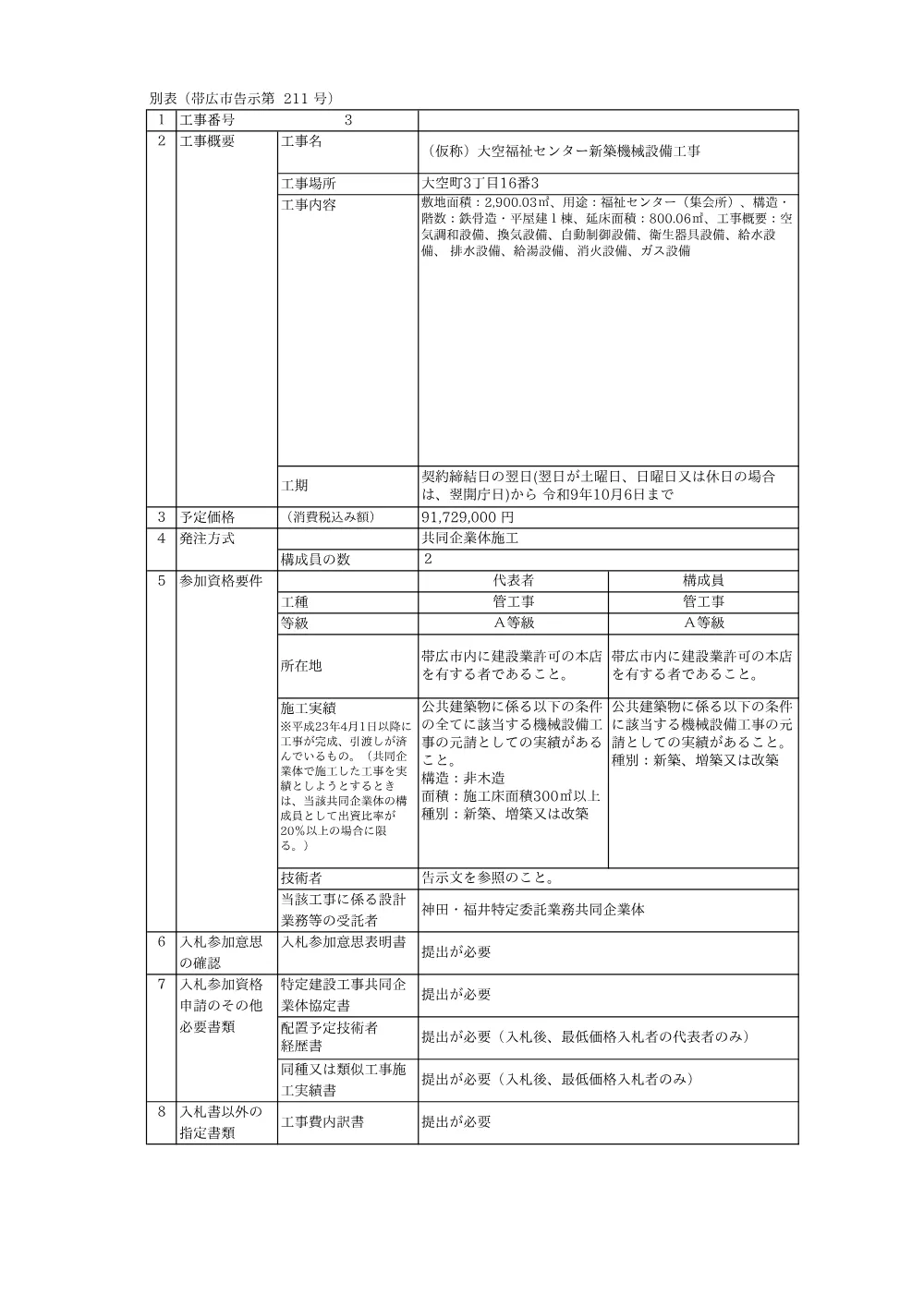 (仮称)大空福祉センター新築機械設備工事 別表 （PDF 131.4 KB）.pdf 1ページ目のプレビュー