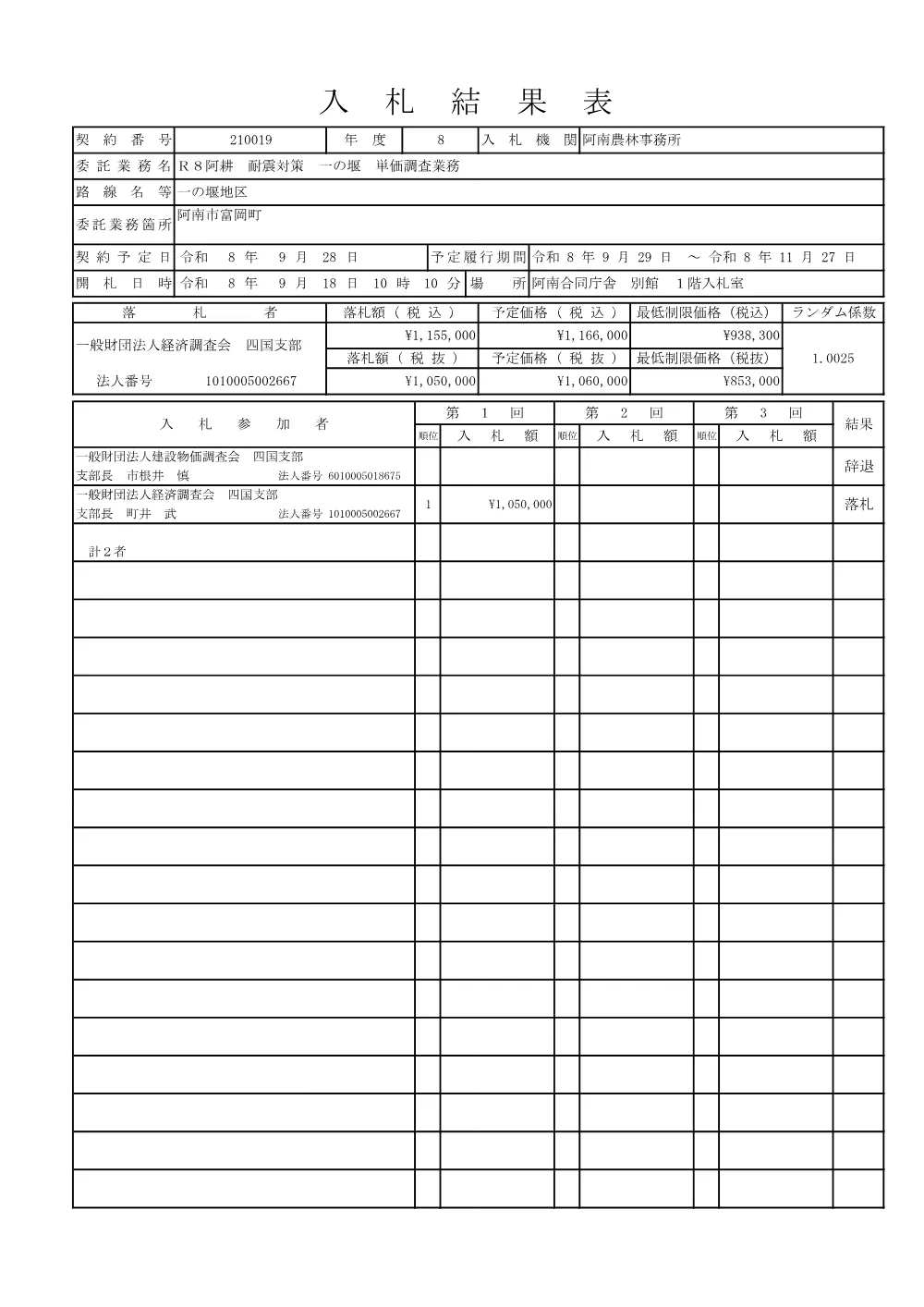 Ｒ８阿耕 耐震対策 一の堰 単価調査業務（入札結果及び補足資料）.pdf 1ページ目のプレビュー