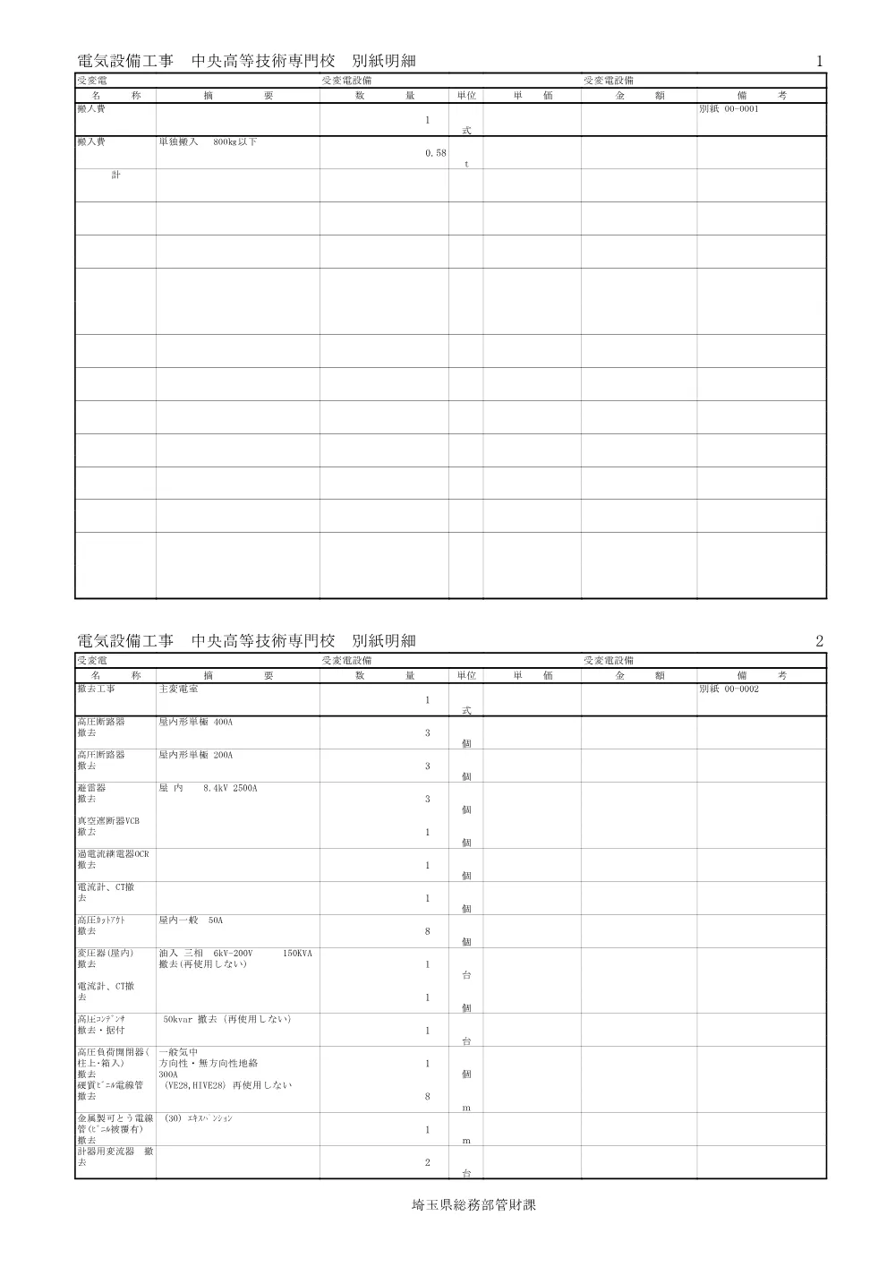 04-2_入札時積算数量書別紙明細（２６２０２中央高等技術専門校ほか電気設備更新工事）.pdf 3ページ目のプレビュー
