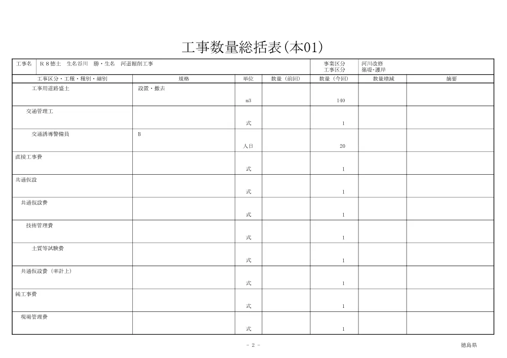 機密性１｜Ｒ８徳土 生名谷川 勝・生名 河道掘削工事（工事数量総括表）.pdf 2ページ目のプレビュー