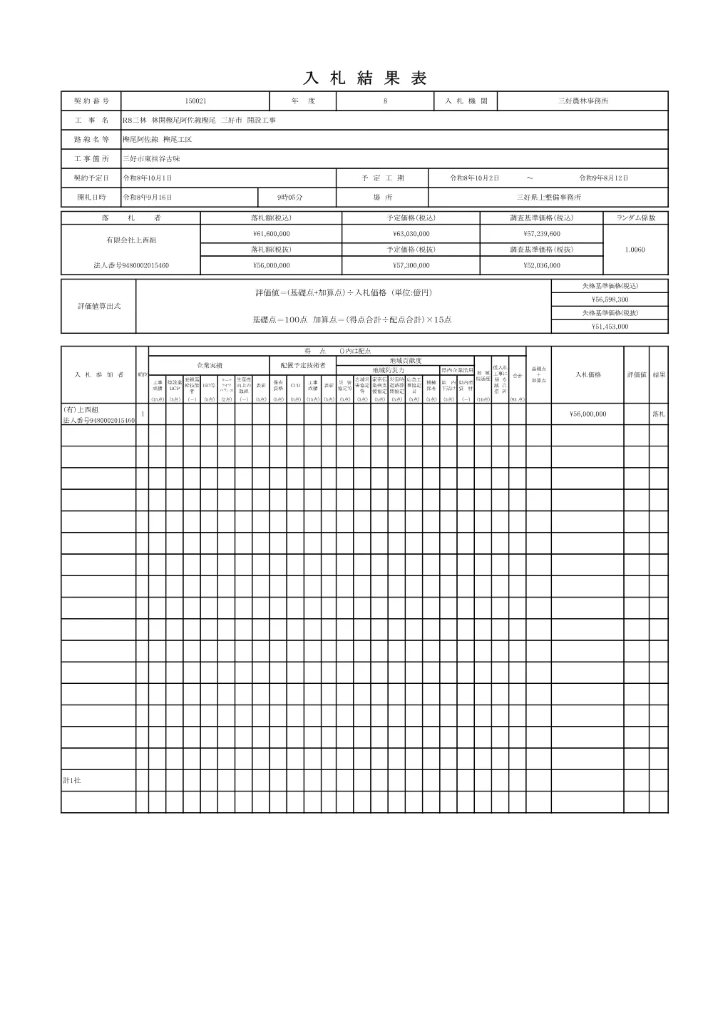 Ｒ８三林 林開樫尾阿佐線樫尾 三好市 開設工事（入札結果表）.pdf 1ページ目のプレビュー