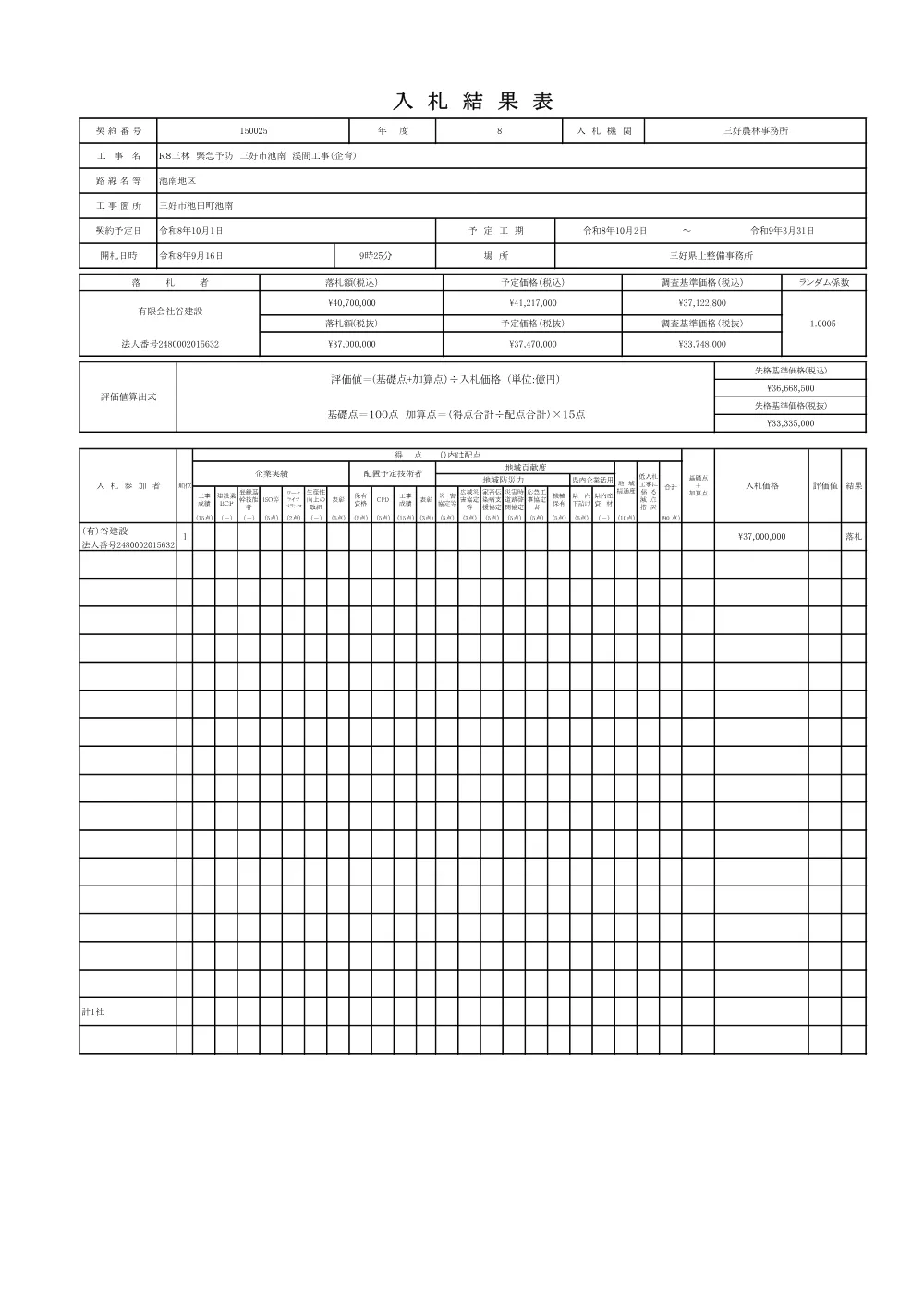 Ｒ８三林 緊急予防 三好市池南 渓間工事（企育）（入札結果表）.pdf 1ページ目のプレビュー