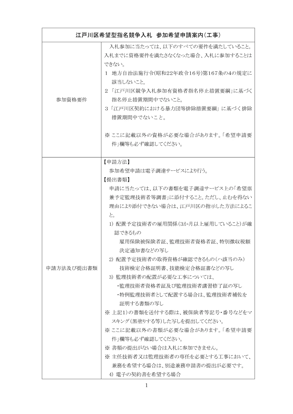 20260801_江戸川区希望型指名競争入札　参加希望申請案内（工事）.pdf 1ページ目のプレビュー