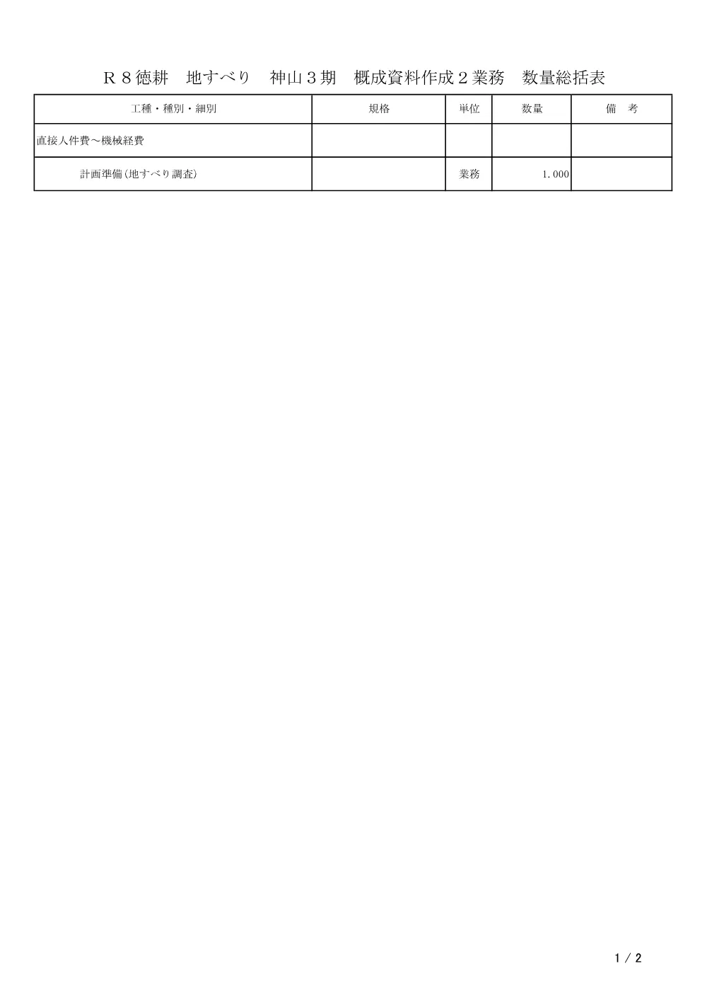 Ｒ８徳耕 地すべり 神山３期 概成資料作成２業務（数量総括表）.pdf 1ページ目のプレビュー