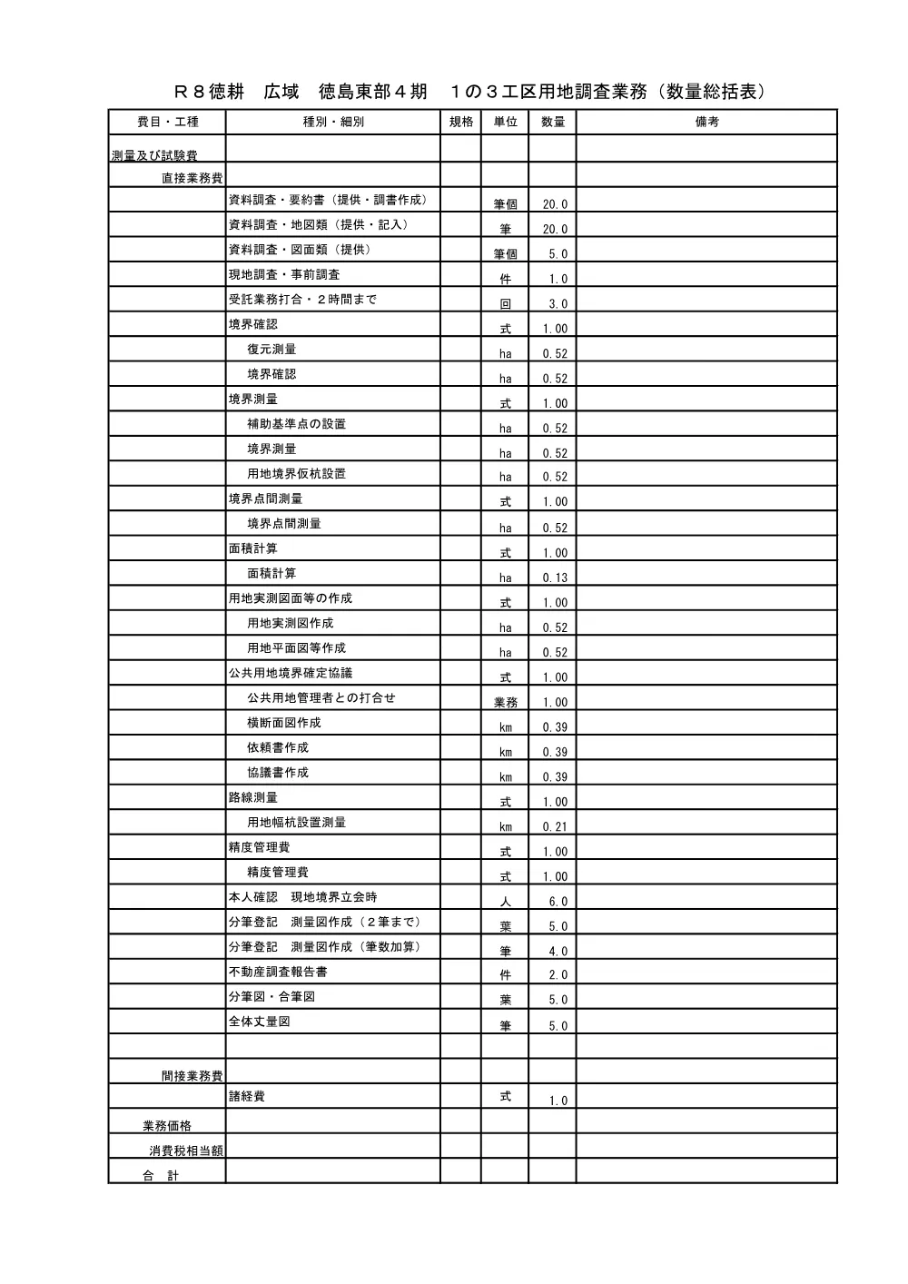 Ｒ８徳耕 広域 徳島東部４期 １の３工区用地調査業務（数量総括表）.pdf 1ページ目のプレビュー