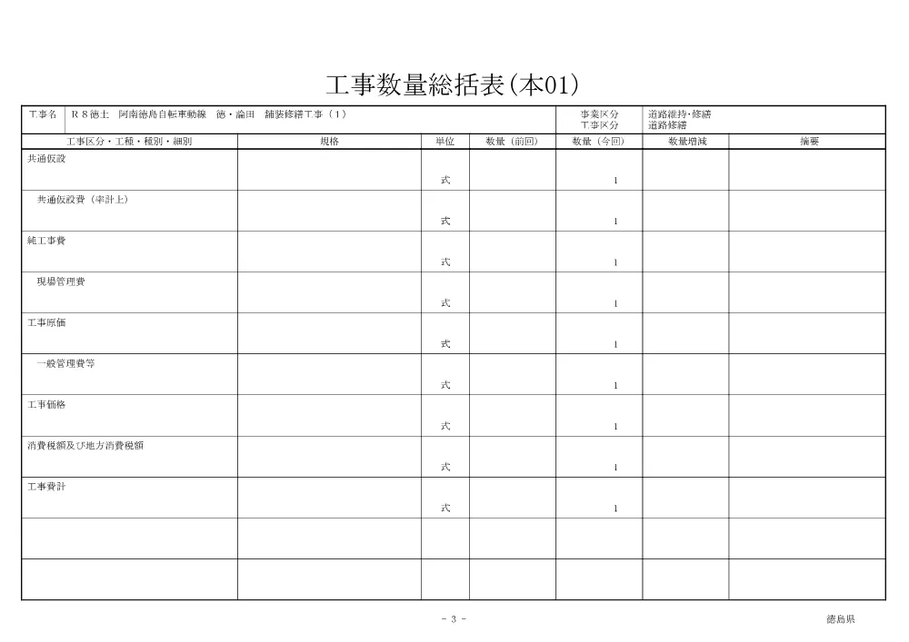 Ｒ８徳土 阿南徳島自転車動線 徳・論田 舗装修繕工事（１）（工事数量総括表）.pdf 3ページ目のプレビュー