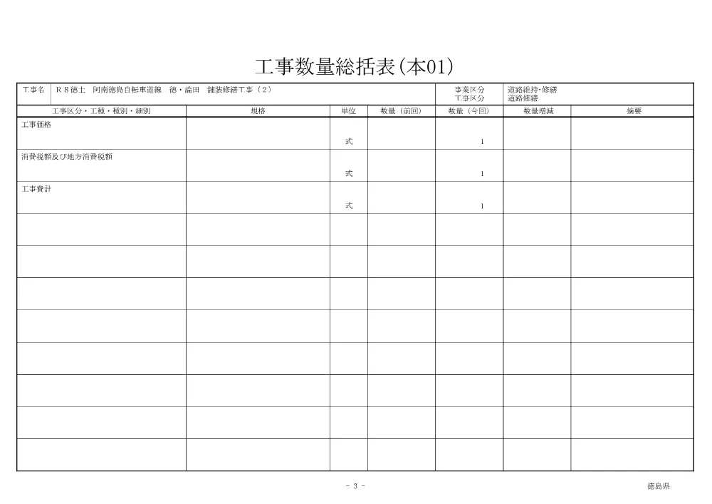 Ｒ８徳土 阿南徳島自転車道線 徳・論田 舗装修繕工事（２）（工事数量総括表）.pdf 3ページ目のプレビュー