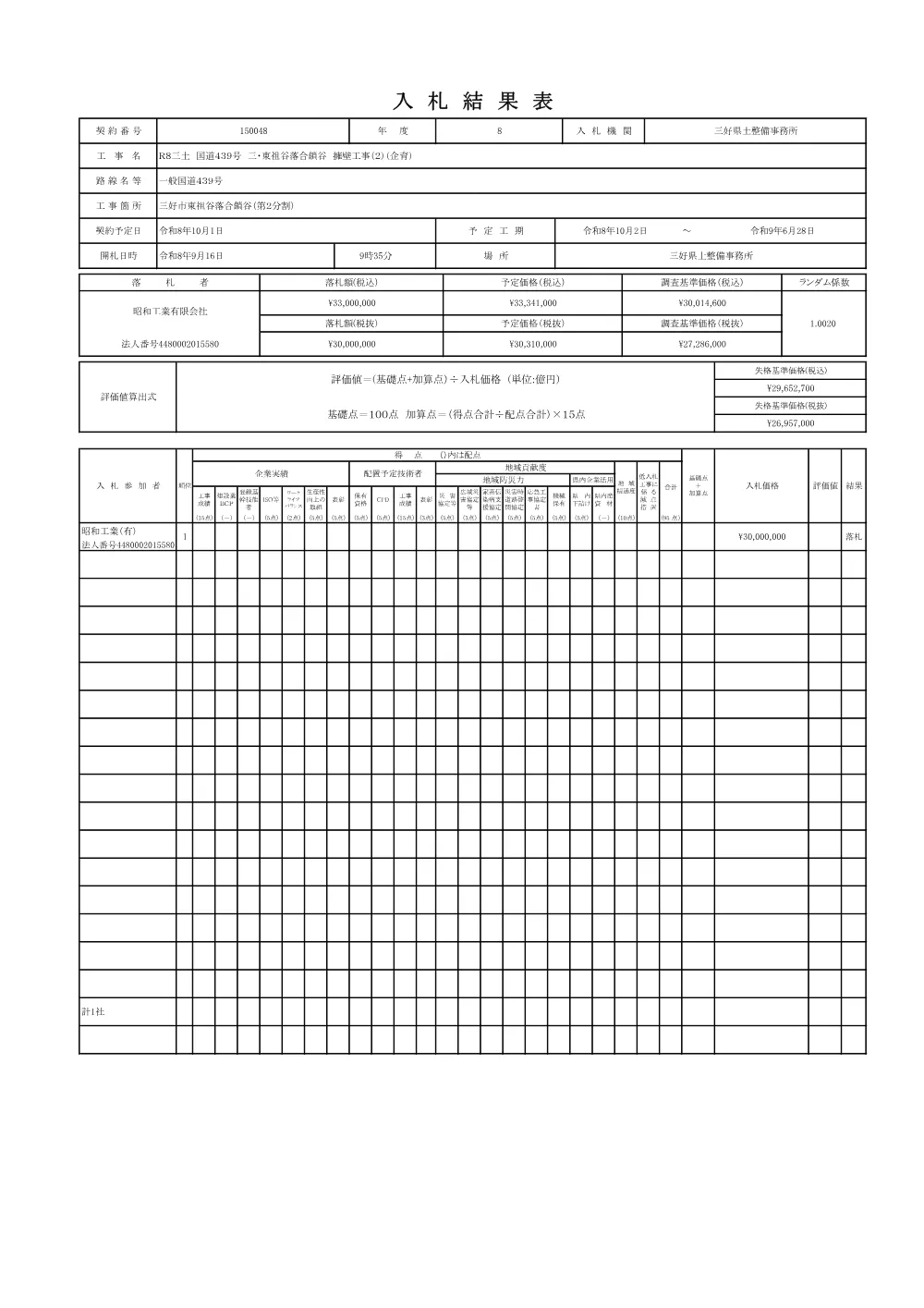 Ｒ８三土 国道４３９号 三・東祖谷落合鎖谷 擁壁工事（２）（企育）（入札結果表）.pdf 1ページ目のプレビュー