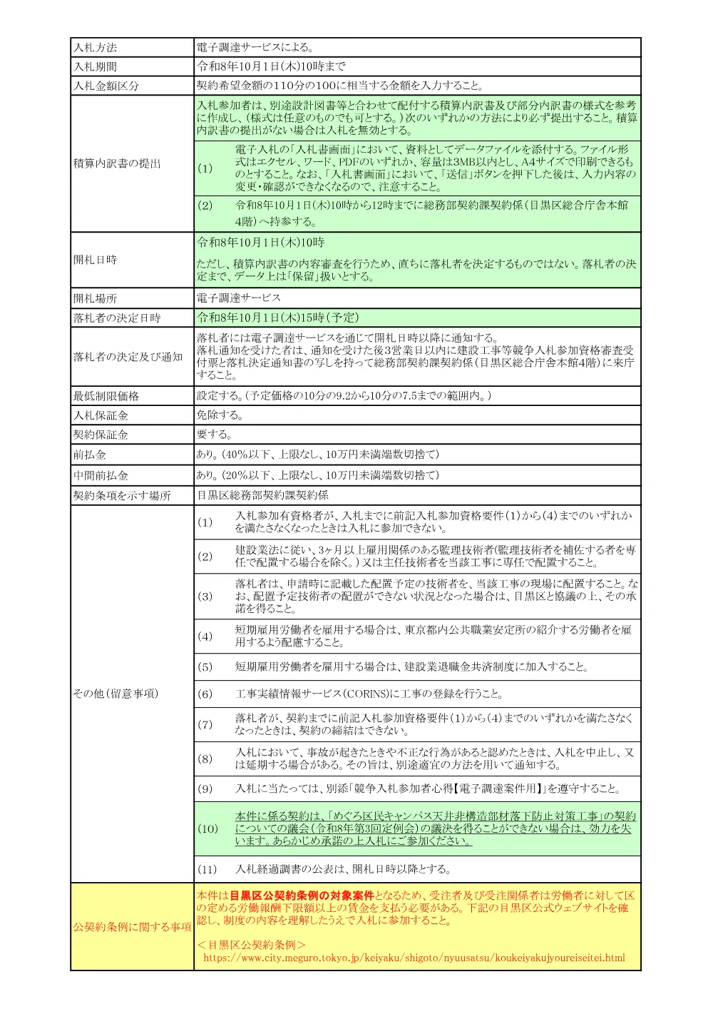 告示文：めぐろ区民キャンパス天井非構造部材落下防止対策に伴う機械設備工事.pdf 2ページ目のプレビュー