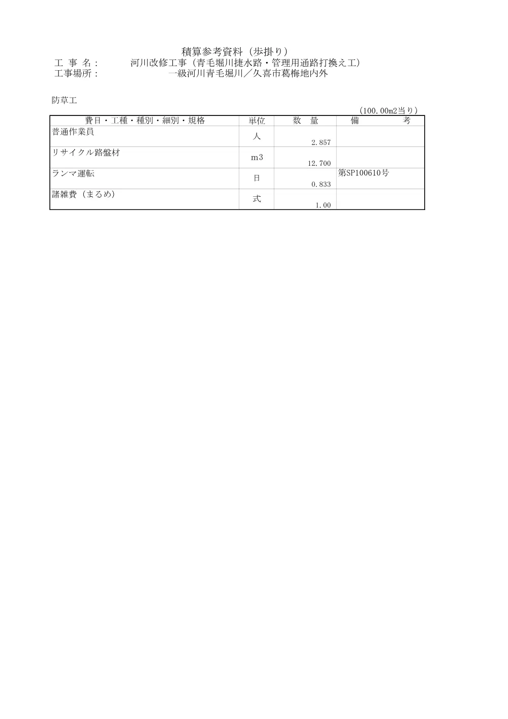 ６　積算参考資料：河川改修工事（青毛堀川捷水路・管理用通路打換え工）.pdf 3ページ目のプレビュー