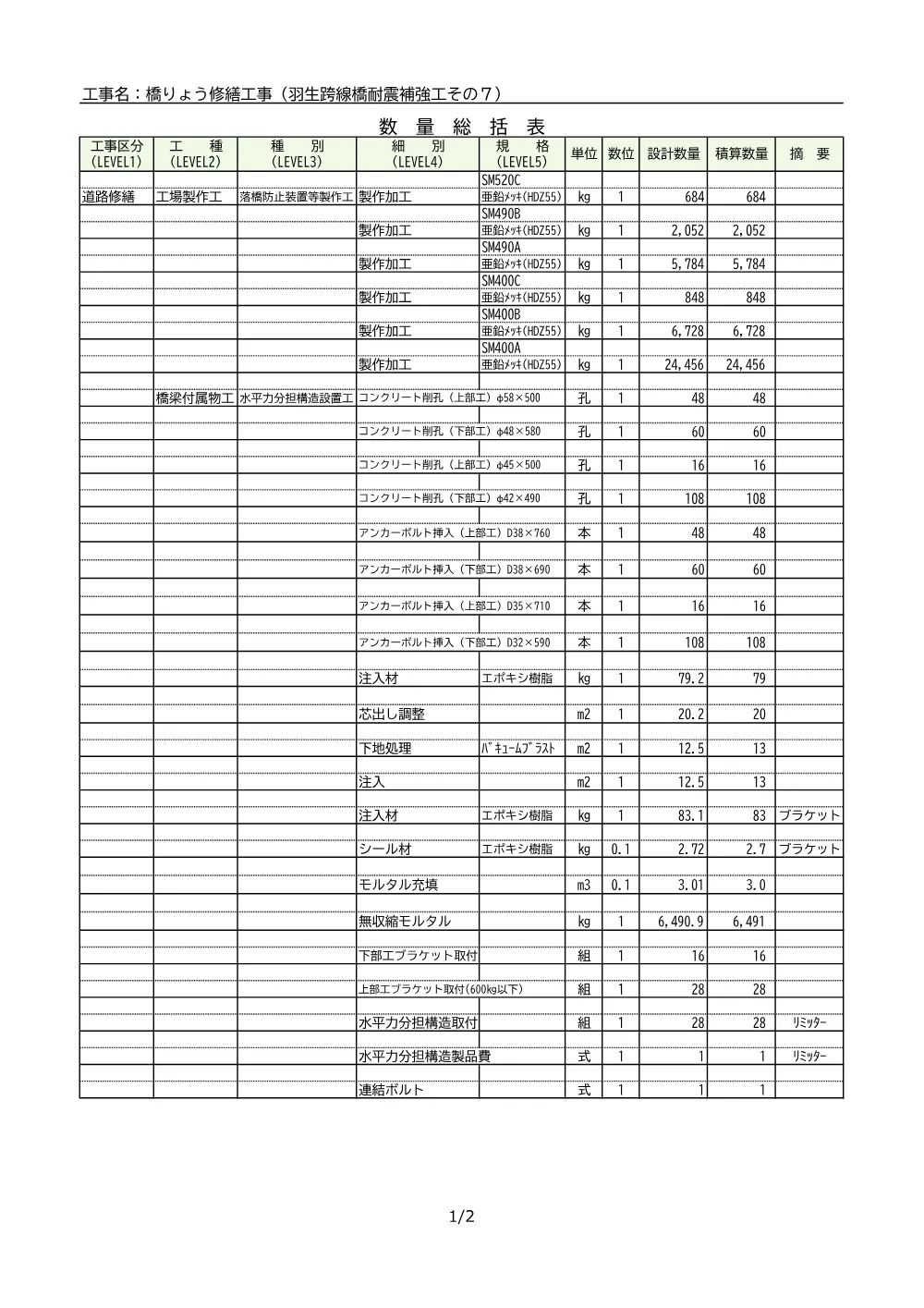 03_数量計算書（羽生跨線橋耐震補強工その7）.pdf 1ページ目のプレビュー