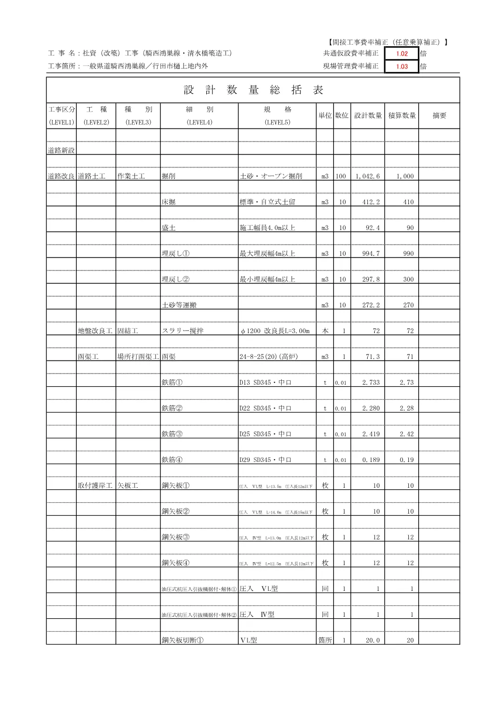 03_数量計算書（社資（改築）工事（騎西鴻巣線・清水橋築造工））.pdf 1ページ目のプレビュー
