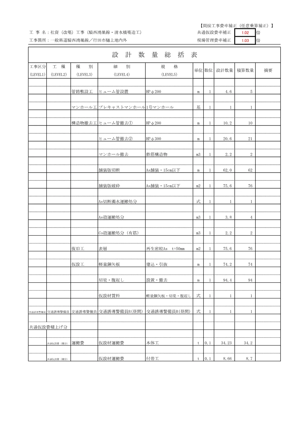 03_数量計算書（社資（改築）工事（騎西鴻巣線・清水橋築造工））.pdf 3ページ目のプレビュー
