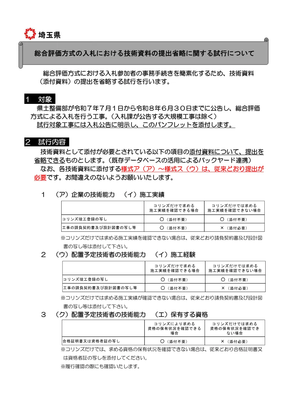 パンフレット【総合評価方式技術資料の提出省略に関する試行】(R7.7.1～).pdf 1ページ目のプレビュー