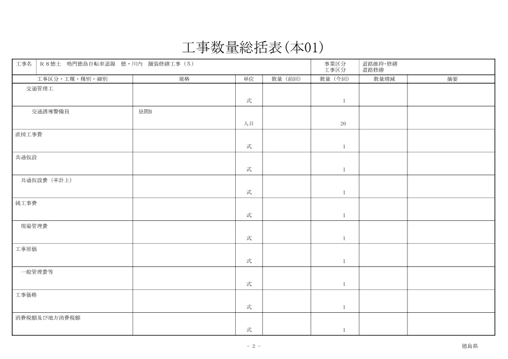 Ｒ８徳土 鳴門徳島自転車道線 徳・川内 舗装修繕工事（５）（工事数量総括表）.pdf 2ページ目のプレビュー