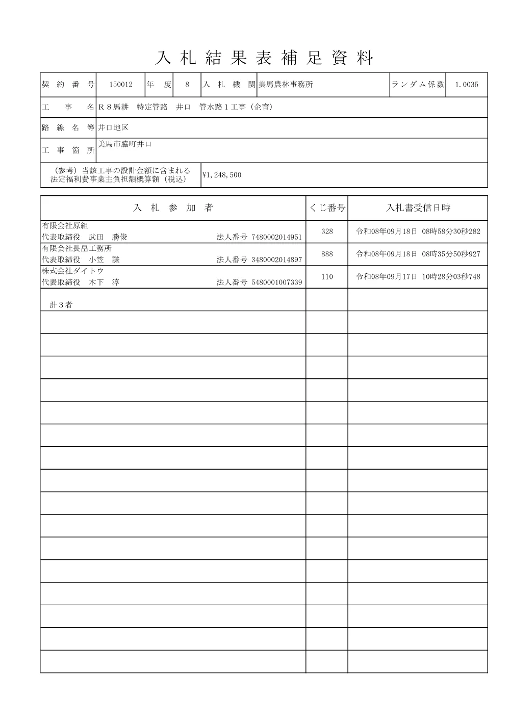 Ｒ８馬耕 特定管路 井口 管水路１工事（企育）（入札結果表補足資料）.pdf 1ページ目のプレビュー