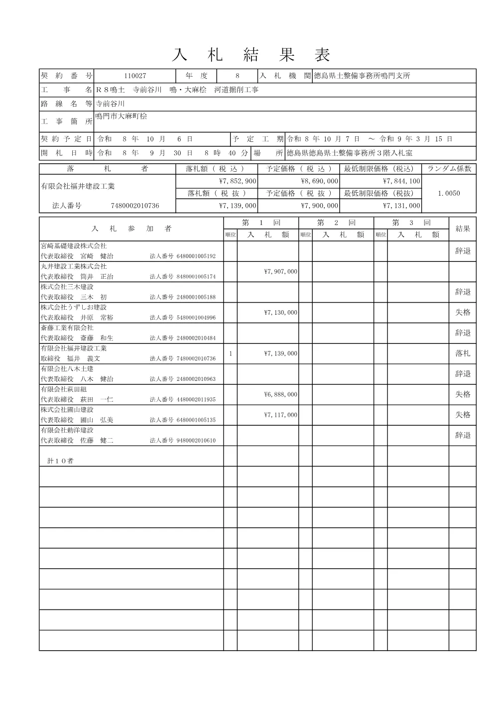 Ｒ８鳴土 寺前谷川 鳴・大麻桧 河道掘削工事（入札結果及び補足資料）.pdf 1ページ目のプレビュー