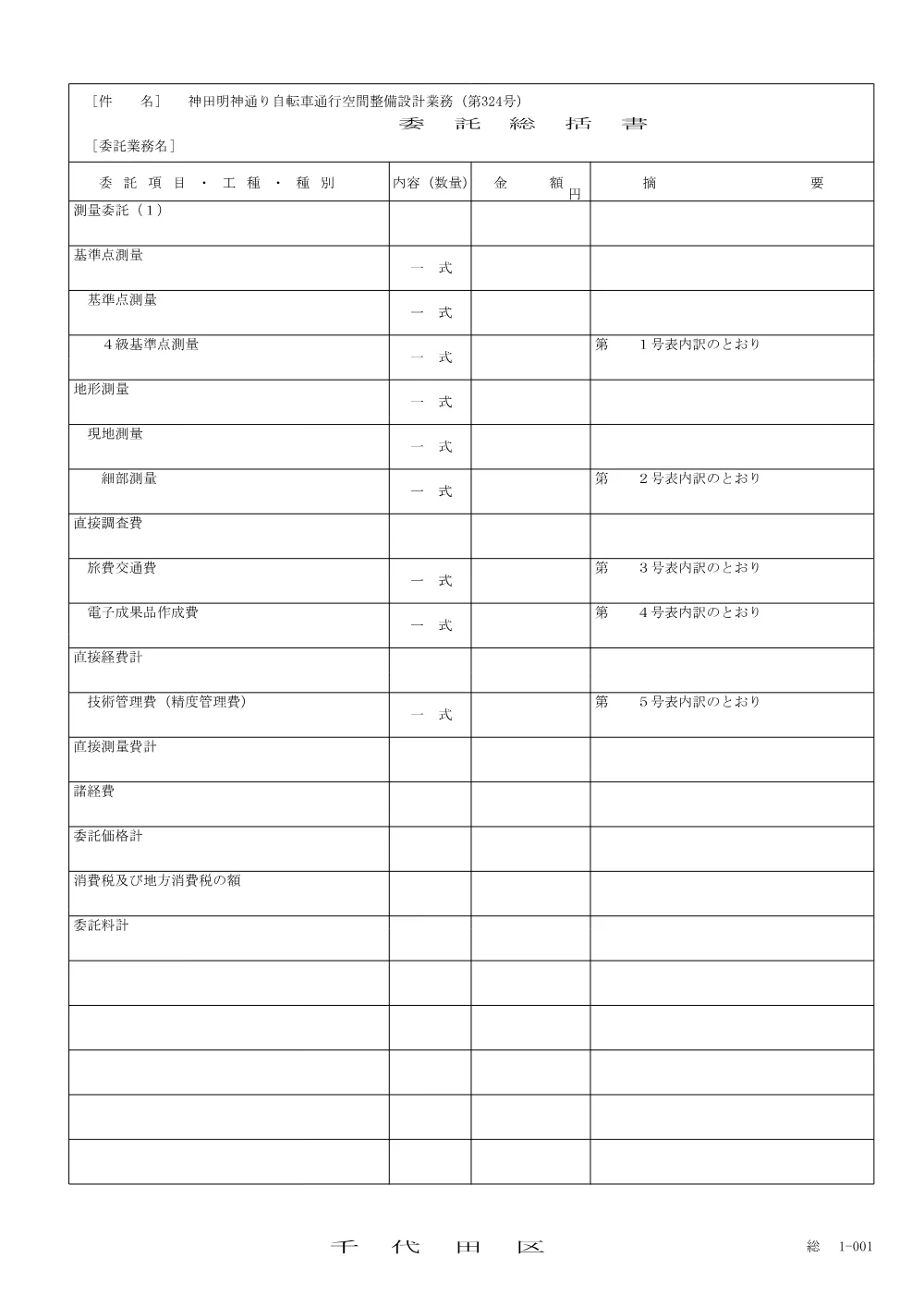 委託統括書・種別内訳書（神田明神通り自転車通行空間整備設計業務（第+324+号））.pdf 1ページ目のプレビュー