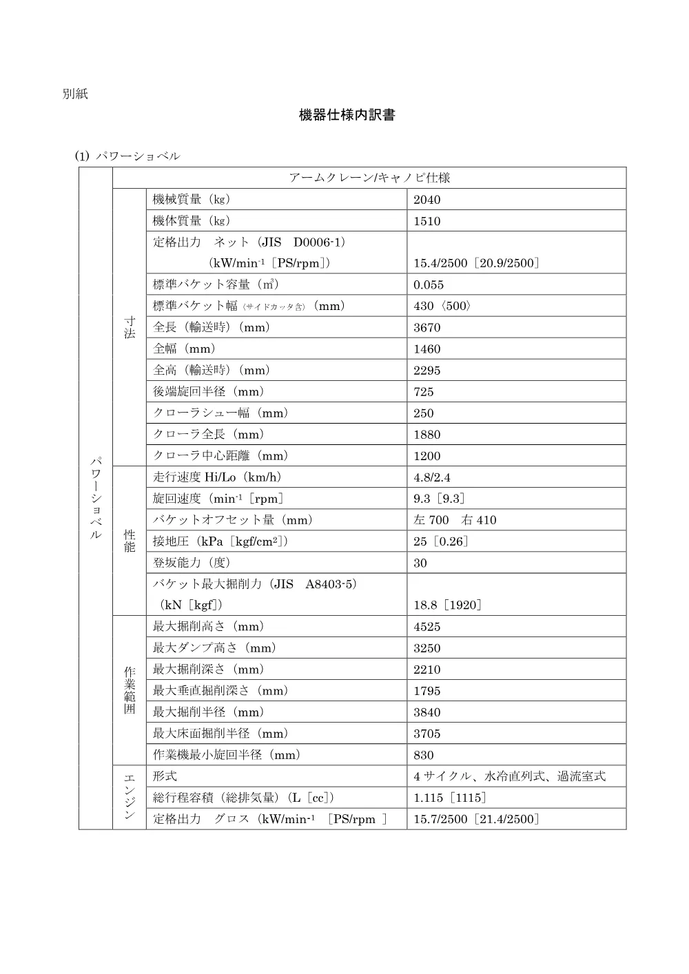 仕様書／パワーショベル.pdf 3ページ目のプレビュー