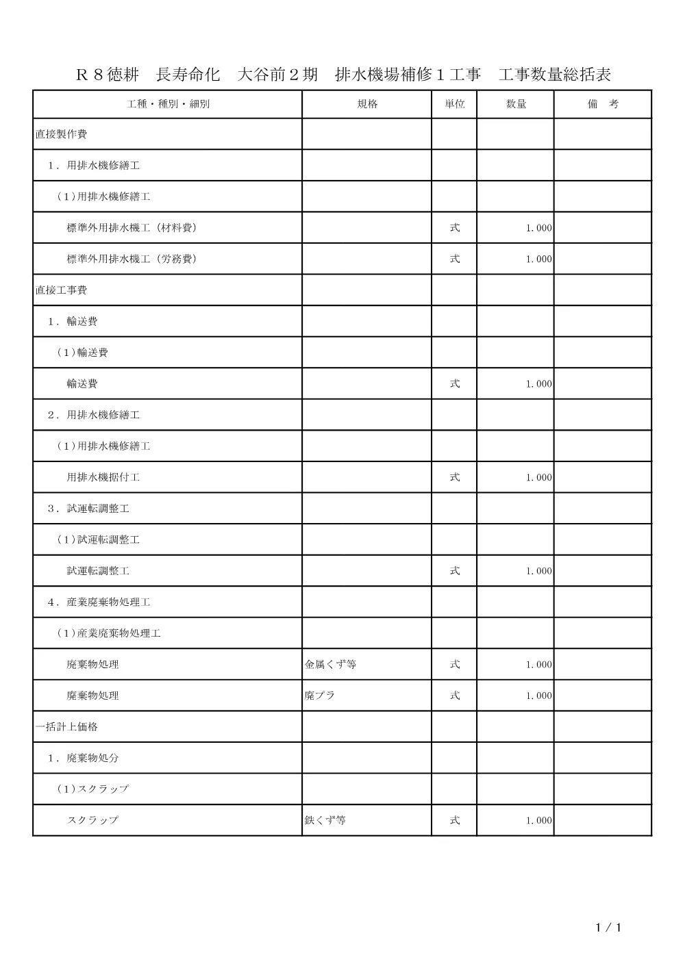 Ｒ８徳耕 長寿命化 大谷前２期 排水機場補修１工事（工事数量総括表）.pdf 1ページ目のプレビュー