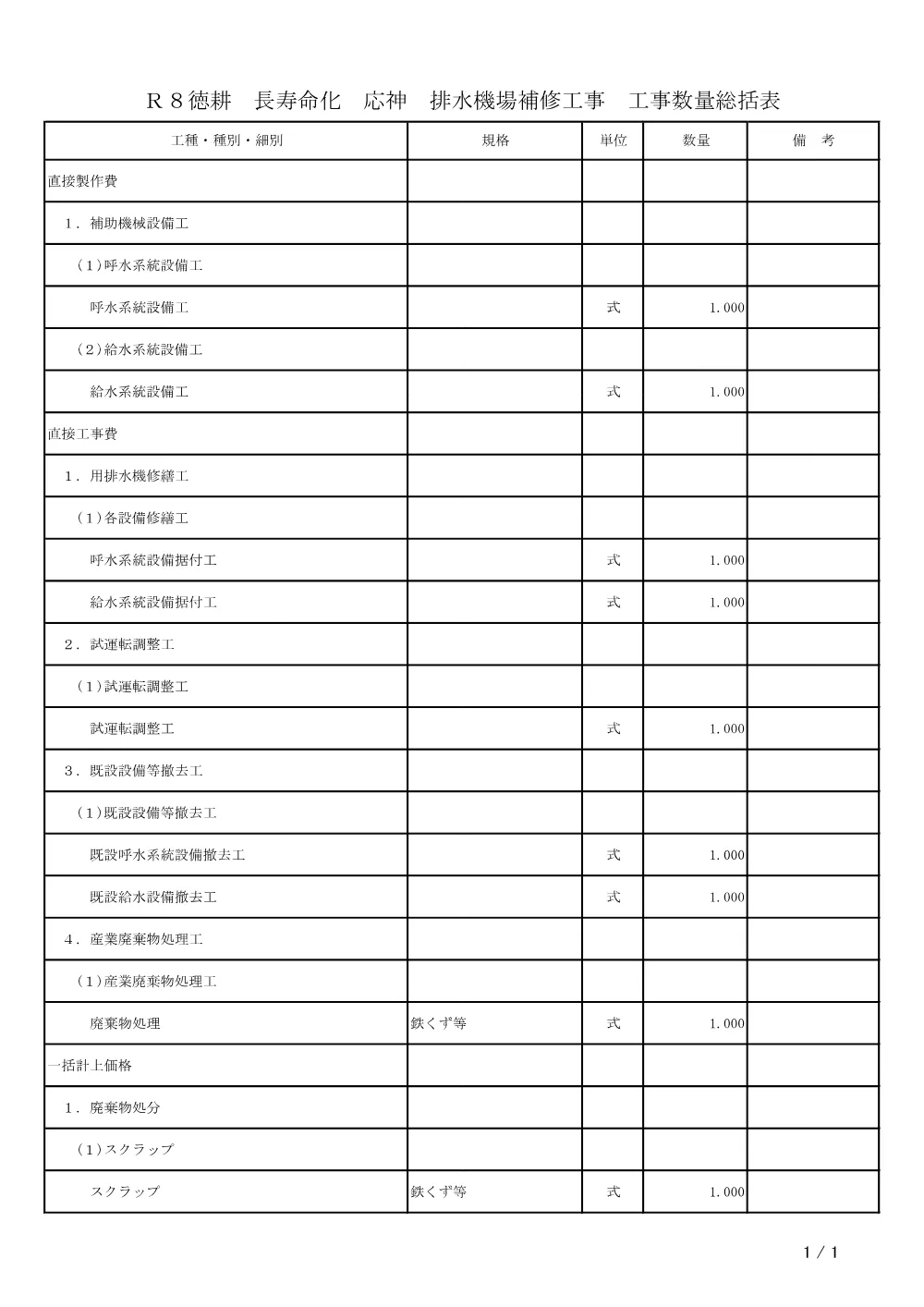 Ｒ８徳耕 長寿命化 応神 排水機場補修工事（工事数量総括表）.pdf 1ページ目のプレビュー