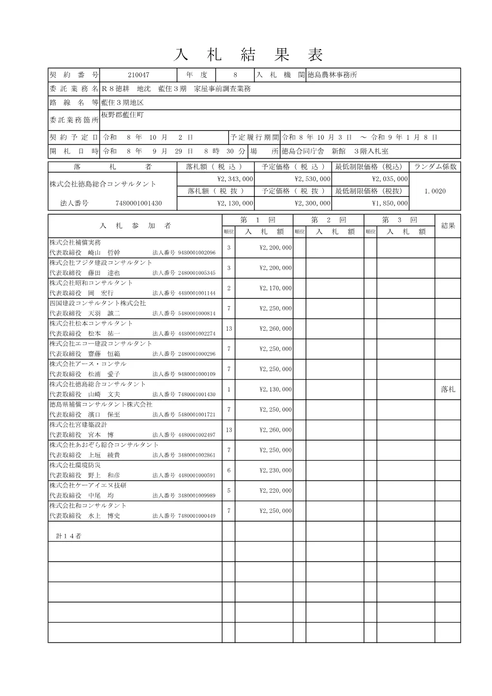 Ｒ８徳耕 地沈 藍住３期 家屋事前調査業務（入札結果表）.pdf 1ページ目のプレビュー
