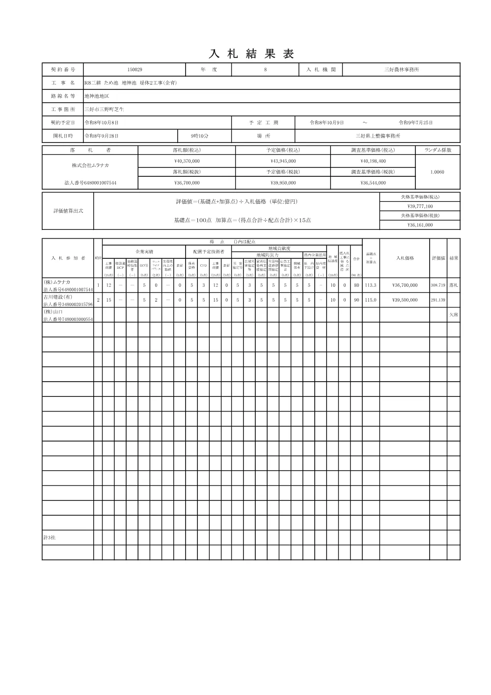Ｒ８三耕 ため池 地神池 堤体２工事（企育）（入札結果表）.pdf 1ページ目のプレビュー