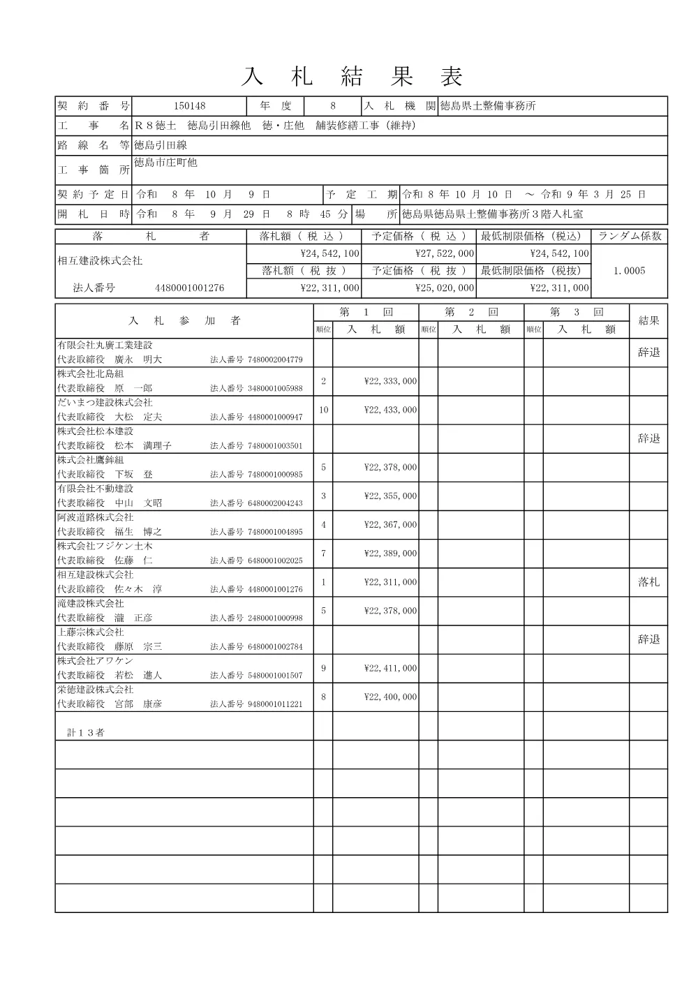 Ｒ８徳土 徳島引田線他 徳・庄他 舗装修繕工事（維持）（入札結果及び補足資料）.pdf 1ページ目のプレビュー