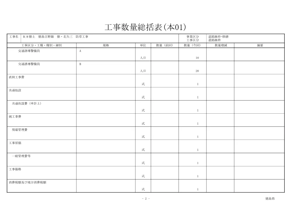 Ｒ８徳土 徳島吉野線 徳・北矢三 防草工事（工事数量総括表）.pdf 2ページ目のプレビュー
