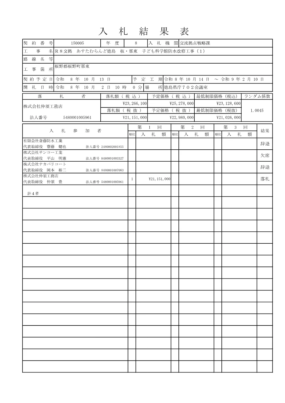 Ｒ８交拠 あすたむらんど徳島 板・那東 子ども科学館防水改修工事（１）（入札結果及び補足資料）.pdf 1ページ目のプレビュー