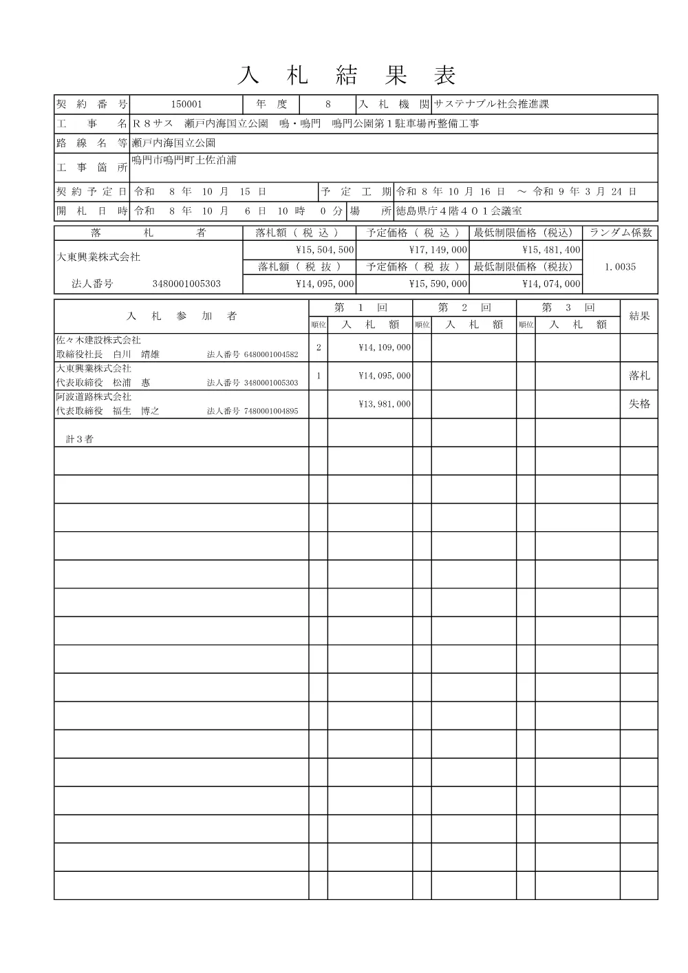 Ｒ８サス 瀬戸内海国立公園 鳴・鳴門 鳴門公園第１駐車場再整備工事（入札結果及び補足資料）.pdf 1ページ目のプレビュー