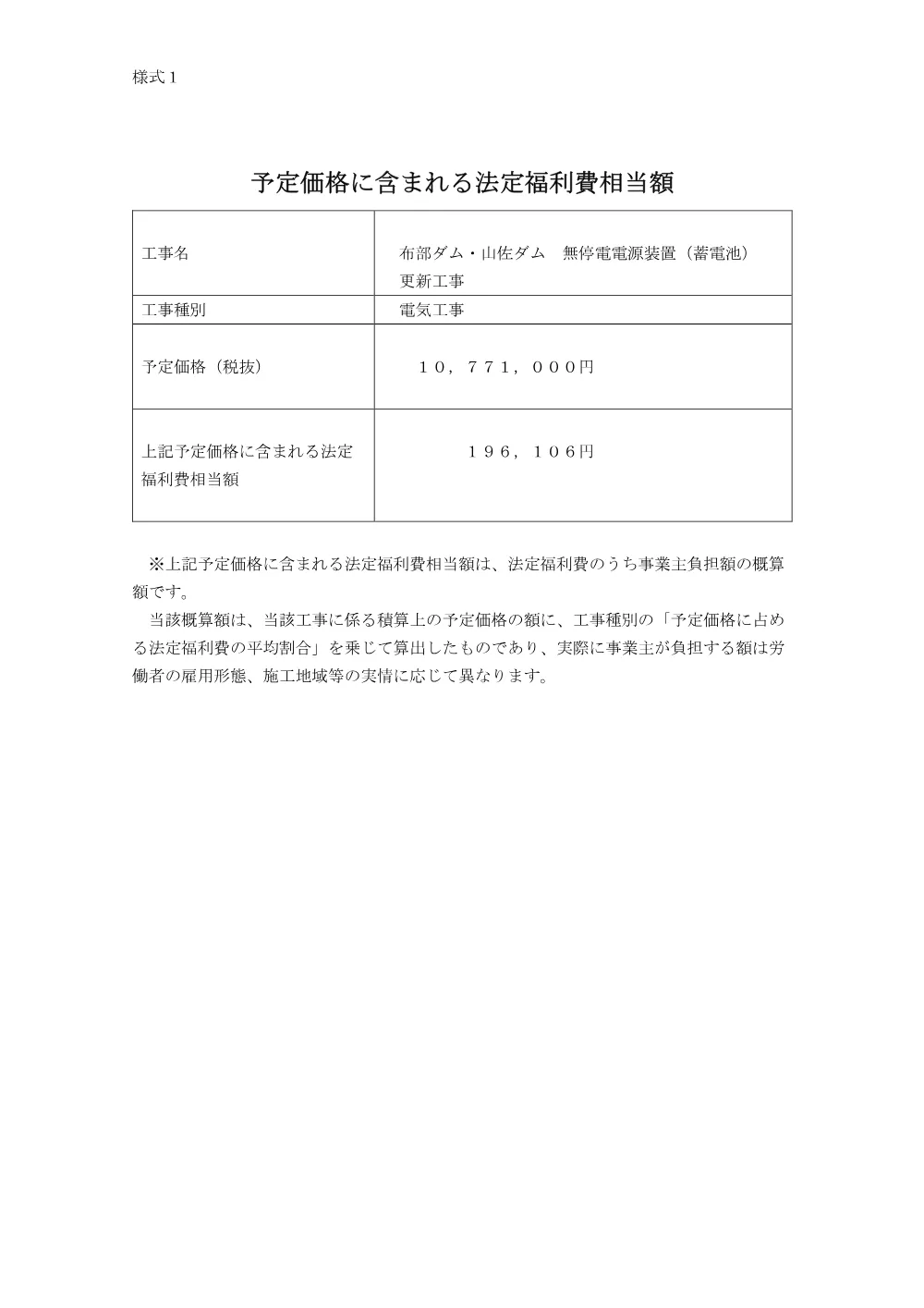 【様式1】予定価格に含まれる法定福利費相当額（布部ダム・山佐ダム 無停電電源装置 更新工事）.pdf 1ページ目のプレビュー
