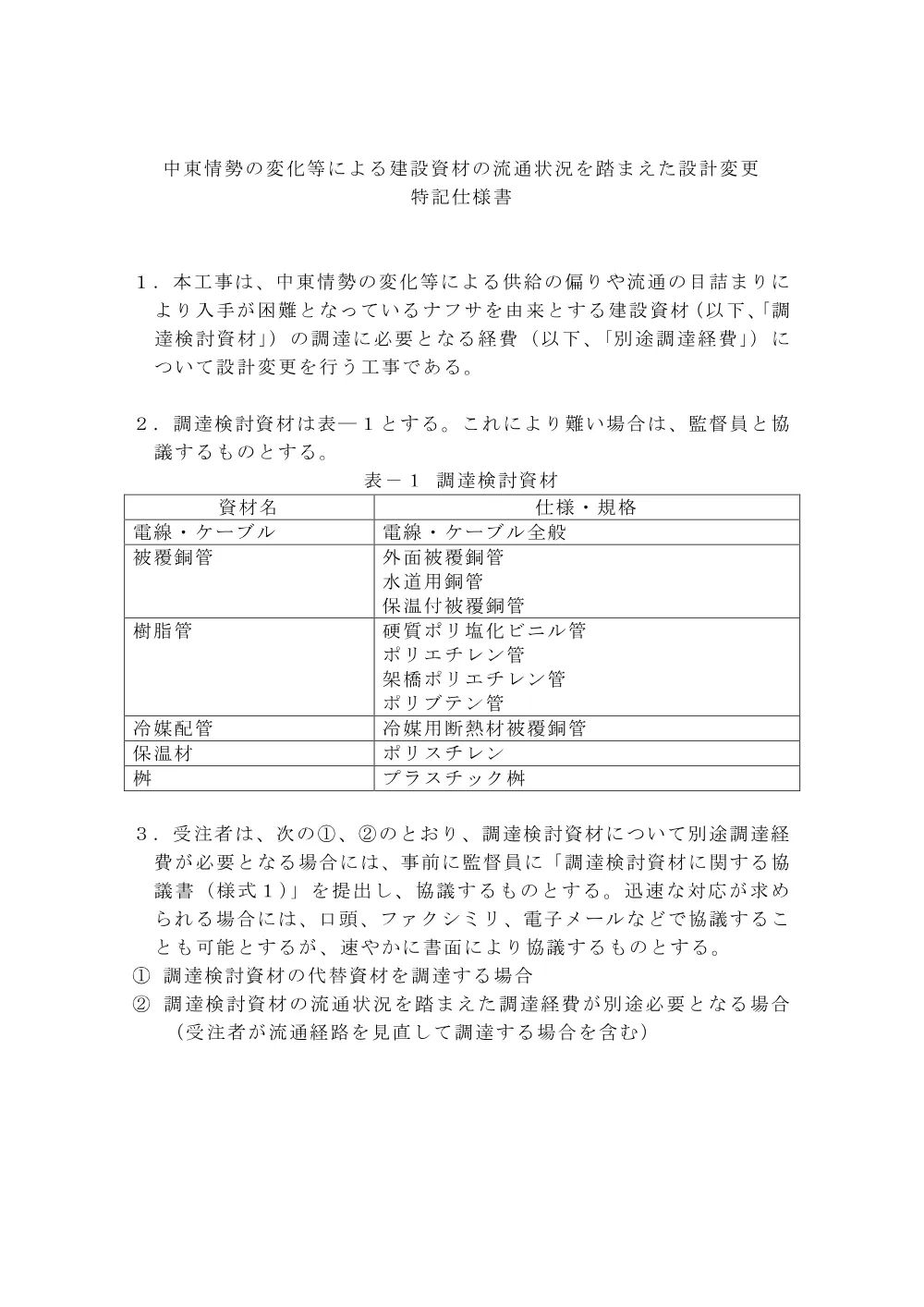 03-3_特記仕様書（中東情勢の変化等による設計変更）.pdf 1ページ目のプレビュー