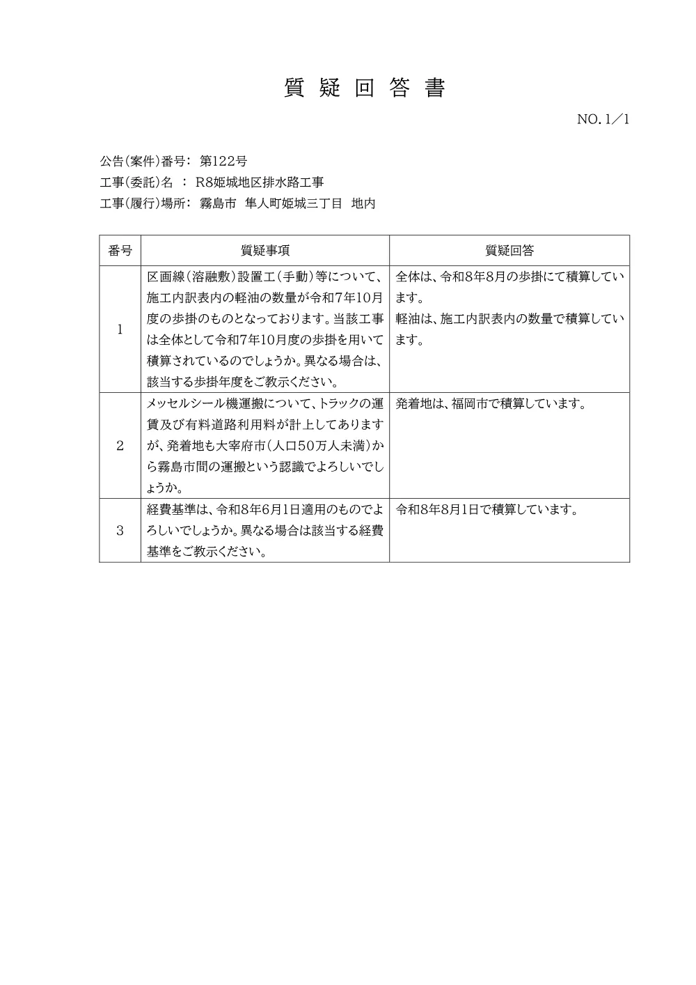 （第122号）質疑回答書.pdf 1ページ目のプレビュー