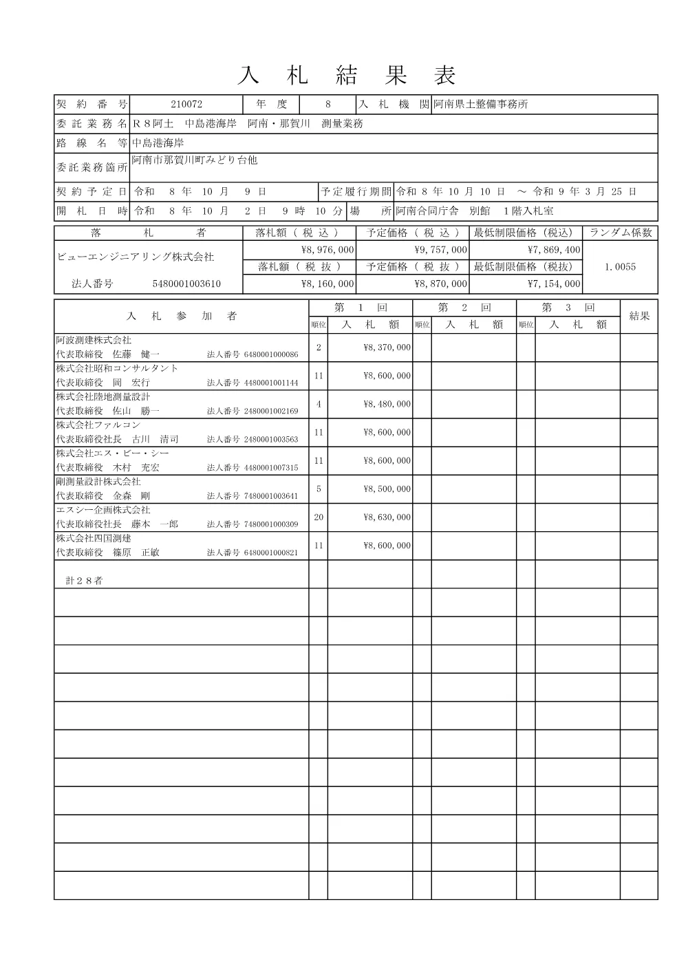 Ｒ８阿土 中島港海岸 阿南・那賀川 測量業務（入札結果及び補足資料）.pdf 2ページ目のプレビュー